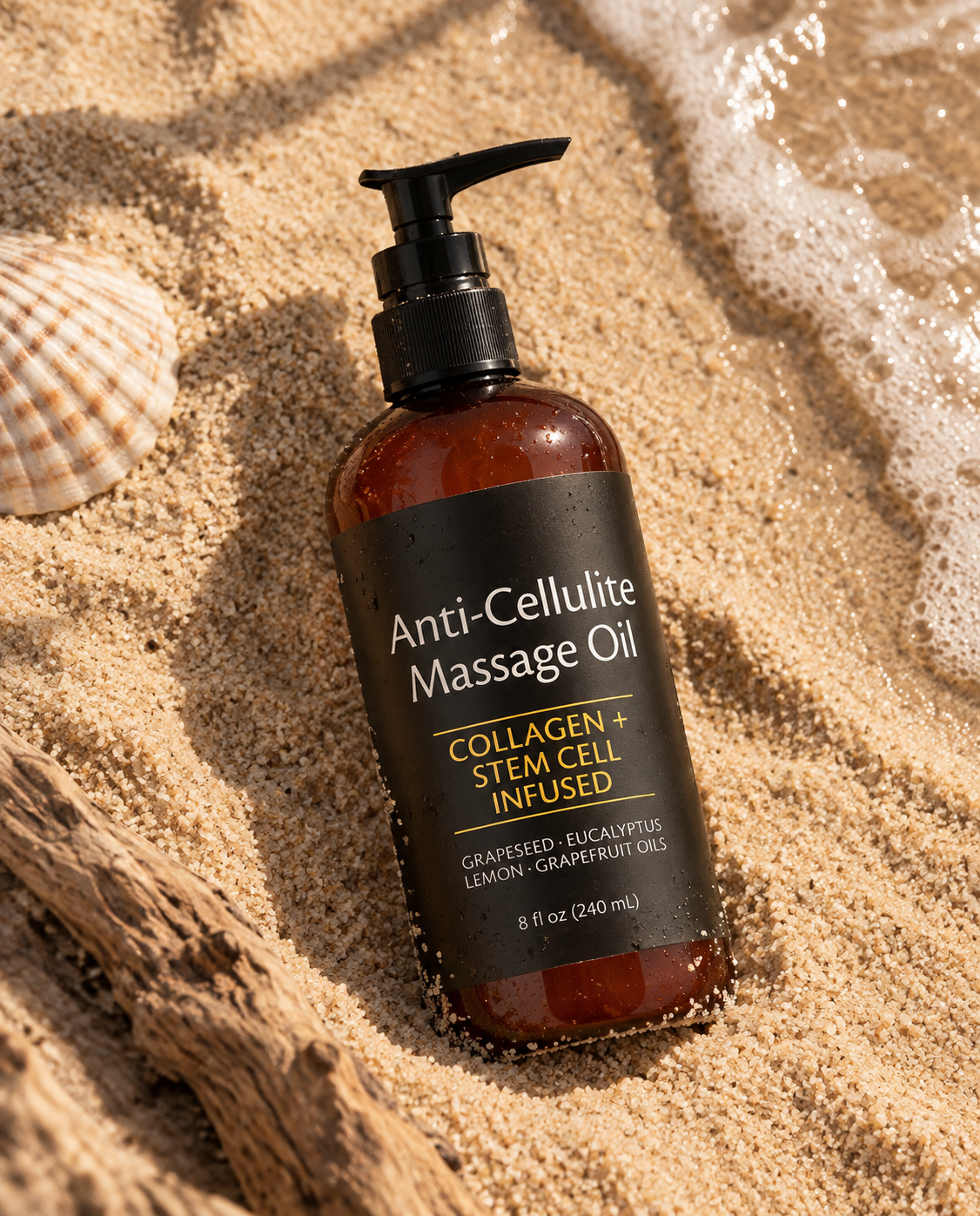 Anti-Cellulite Massage Oil bottle resting in wet sand with seashells and driftwood at the shoreline