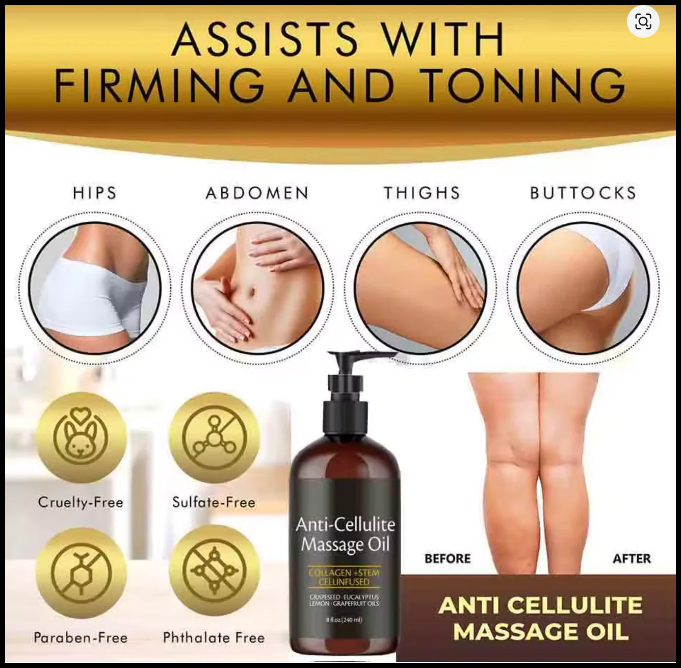 Collagen Firming Anti-Cellulite Body Oil – Skin-Smoothing Massage Oil (8 fl oz)