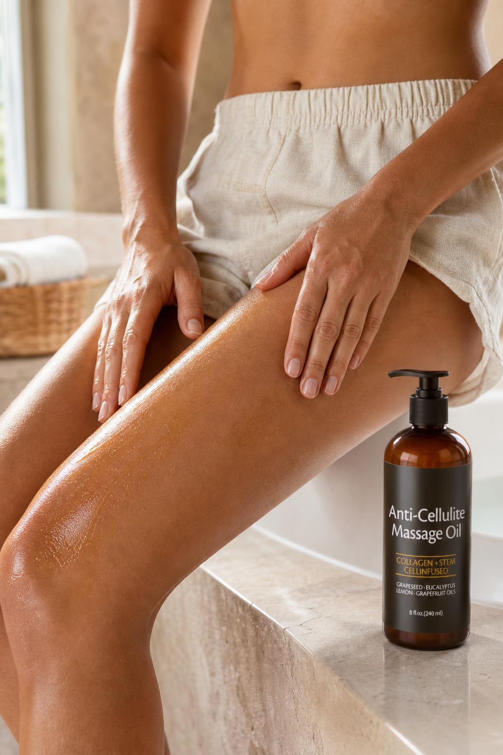 Massaging the body oil into the thigh, seated on a bathtub edge