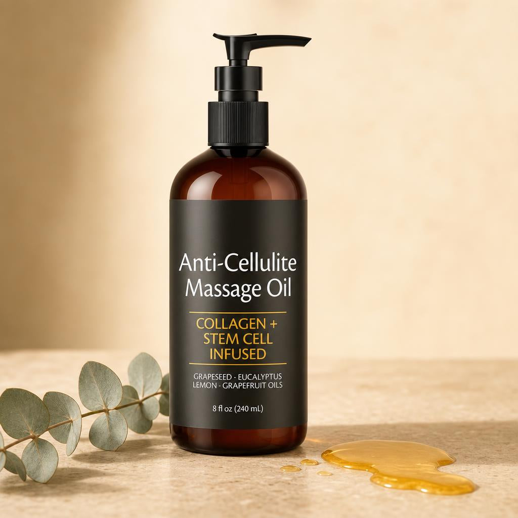 Anti-Cellulite Collagen Body Oil bottle with a pool of golden oil and a eucalyptus sprig